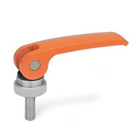 GN 927.4 Clamping Levers with Eccentrical Cam with Threaded Stud, Lever Zinc Die Casting Type: A - Plastic contact plate with setting nut<br />Color: O - Orange, RAL 2004