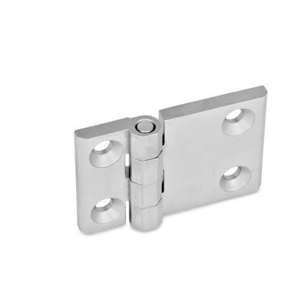 GN 237 Hinges, Stainless Steel, Horizontally Elongated Werkstoff: NI - Stainless steel
Type: A - 2x2 bores for countersunk screws
Finish: GS - Matte shot-blasted finish
Hinge wings: l3 ≠ l4 - elongated on one side