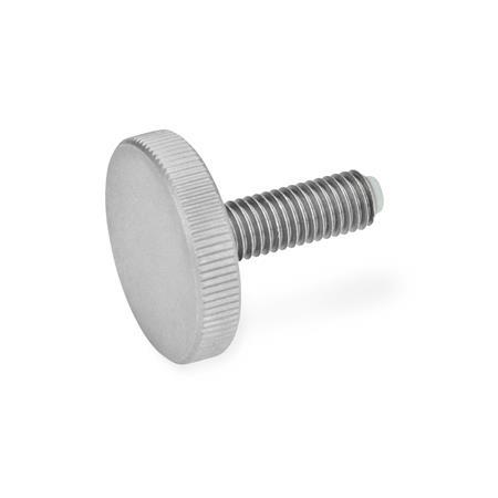 GN 653.10 Flat Knurled Screws, Stainless Steel, with Brass / Plastic Pivot Material (screw): NI - Stainless steel
Material (pivot): KU - Plastic  (Polyacetal POM)