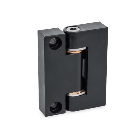 GN 7580 Precision Hinges, Hinge Leaf Aluminum, Bearing Bushings Bronze, Used as Joint Finish: ALS - Anodized black
Inner leaf type: A - Tangential fastening with cylindrical recess
Outer leaf type: C - Radial fastening with cylindrical recess