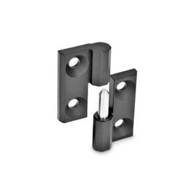 GN 337 Hinges, Detachable, Zinc Die casting Material: ZD - Zinc die casting<br />Finish: SW - Black, RAL 9005, textured finish<br />Identification no.: 1 - Fixed bearing (pin) right