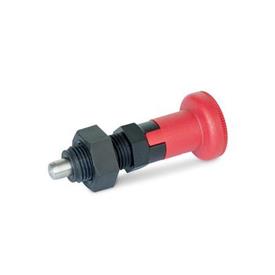 GN 617.2 Rastbolzen, Führung Kunststoff, Raststift Edelstahl, mit rotem Knopf Form: CK - mit Rastsperre, mit Kontermutter<br />Werkstoff: NI - Edelstahl