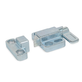 GN 724.3 Spring Latches, Steel / Stainless Steel, with Chamfered Pin, with Flange for Surface Mounting Type: L - left indexing cam<br />Chamfered pin identification no.: 4 - Chamfer, left<br />Material / Finish: ZB - Zinc plated, blue passivated<br />Catch identification no.: 2 - With catch