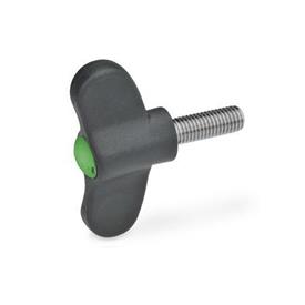 GN 633.1 Wing Screws, Plastic, with Stainless Steel Threaded Stud Color of the cover cap: DGN - Green, RAL 6017, matte finish