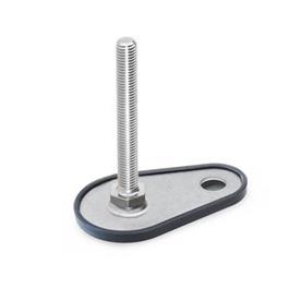GN 45 Leveling Feet, Stainless Steel AISI 316 L, with Fixing Lug, Drop Shape Type (Base): D1 - With rubber pad, clipped on, black<br />Version (Screw): S - Without nut, external hex at the bottom