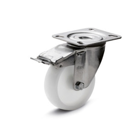 GN 22892 Medium Duty Casters, Polyamide, Light Version Bearing type: G - Friction bearing<br />Type (bracket): LF - Swivel bracket with mounting plate, with total lock brake<br />Coding: L - Light version<br />Material (bracket): NI - Stainless steel sheet metal