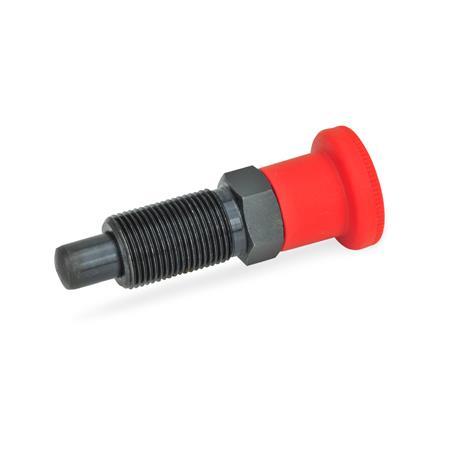 GN 817 Rastbolzen, Stahl, mit rotem Knopf Form: B - ohne Rastsperre, ohne Kontermutter
Farbe: RT - rot, RAL 3000