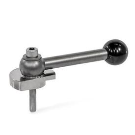 GN 918.7 Clamping Bolts, Stainless Steel, Downward Clamping, Screw from the Operator's Side Type: GVS - With ball lever, straight (serration)<br />Clamping direction: R - By clockwise rotation (drawn version)