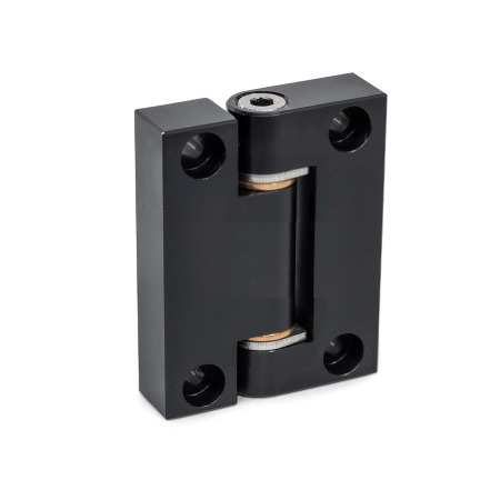 GN 7580 Precision Hinges, Hinge Leaf Aluminum, Bearing Bushings Bronze, Used as Joint Finish: ALS - Anodized, black
Inner leaf type: A - Tangential fastening with cylindrical recess
Outer leaf type: A - Tangential fastening with cylindrical recess