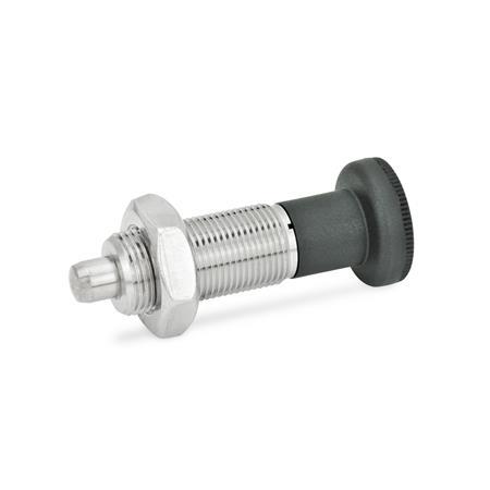 GN 613 Indexing Plungers, Stainless Steel / Plastic Knob Material: NI - Stainless steel
Type: AK - With knob, with lock nut