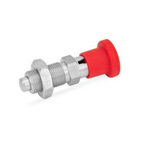 GN 817 Stainless Steel Indexing Plungers with Red Knob Material: NI - Stainless steel<br />Type: CK - With rest position, with lock nut<br />Color: RT - Red, RAL 3000, matte finish