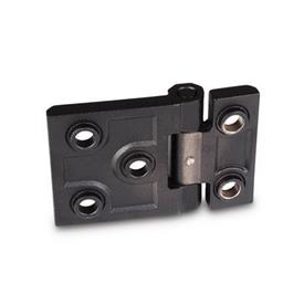 GN 237.3 Heavy Duty Hinges, Stainless Steel, Horizontally Elongated Type: B - With Bores for Countersunk Screws and Centering Attachments<br />Finish: SW - Black, RAL 9005, textured finish<br />Hinge wings: l3 ≠ l4 - elongated on one side