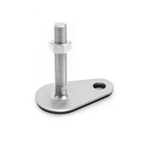 GN 45 Leveling Feet, Stainless Steel AISI 316 L, with Fixing Lug, Drop Shape Type (Base): D3 - With rubber pad, vulcanized, black<br />Version (Screw): TK - With nut, wrench flat at the bottom