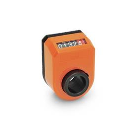 GN 953 Position Indicators, 5 Digits, Digital Indication, Mechanical Counter, Hollow Shaft Steel Installation (Front view): AN - On the chamfer, above<br />Color: OR - Orange, RAL 2004