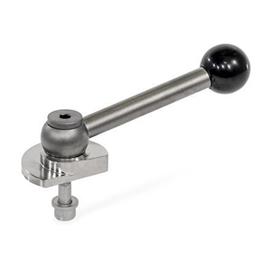 GN 918.6 Clamping bolts, Stainless Steel, Upward Clamping, Screw from the Back Type: KVB - With ball lever, angular (serration)<br />Clamping direction: L - By anti-clockwise rotation