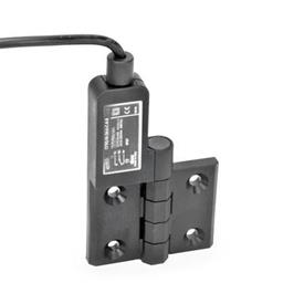 GN 239.4 Schaltscharniere mit Anschlusskabel Kennzeichen: SL - Bohrungen für Senkschraube, Schalter links<br />Form: AK - Anschlusskabel oben