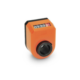 GN 953 Position Indicators, Hollow Shaft Steel, 5 Digits, Digital Indication, Mechanical Counter Display position: AN - On the chamfer, above<br />Color: OR - Orange, RAL 2004, shiny finish