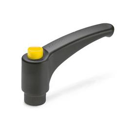 GN 603.1 Verstellbare Klemmhebel mit Ausrastknopf, Kunststoff, Buchse Edelstahl Farbe (Ausrastknopf): DGB - gelb, RAL 1021, glänzend