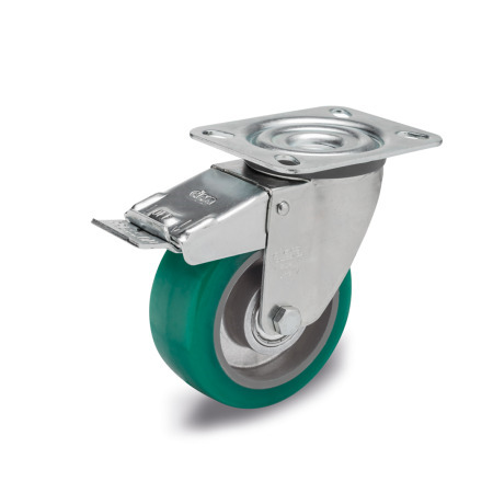 GN 22886 Medium Duty Casters, Wheel Tread Polyurethane, Wheel Core Aluminum, Light Version Bearing type: K - Ball bearing
Type (bracket): LF - Swivel bracket with mounting plate, with total lock brake
Coding: L - Light version
Material (bracket): ST - Steel sheet metal