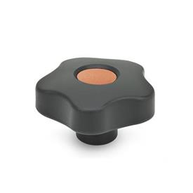 GN 5337.7 Boutons étoile avec capuchons colorés, plastique, douille inox Type: E - Avec capuchon (alésage borgne fileté)<br />Couleur du capuchon: DOR - orange, RAL 2004, finition mat