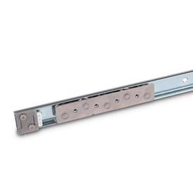 GN 1490 Linear Guide Rail Systems, Steel, with Inside Traversal Distance Type: A5 - with one cam roller carriage with 5 rollers<br />Identification no.: 1 - with one end stop<br />Finish: ZB - Zinc plated, blue passivated
