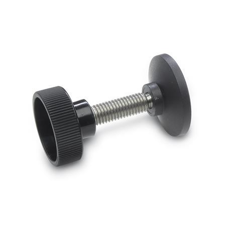 Vis moletées GN 421.12: Plastique, goujon fileté inox, avec patin mobile