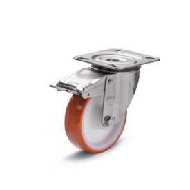 GN 22882 Medium Duty Casters, Wheel Tread Polyurethane, Wheel Core Polyamide, Light Version Bearing type: G - Friction bearing<br />Type (bracket): LF - Swivel bracket with mounting plate, with total lock brake<br />Coding: L - Light version<br />Material (bracket): NI - Stainless steel sheet metal