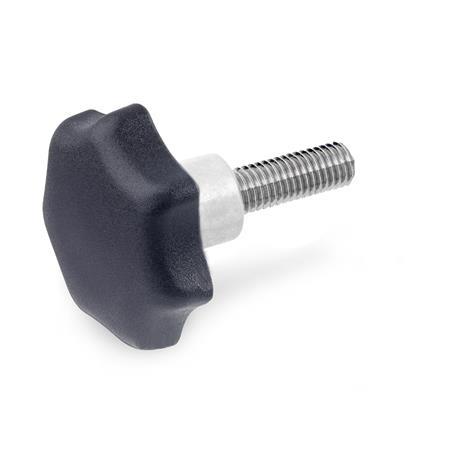 GN 6336.5 Boutons étoile, plastique, avec douille saillante en inox, goujon fileté en inox 