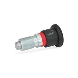 GN 816 Locking Plungers, Plunger Pin Protruded Type: AR - Operation with knob, sleeve red, without lock nut