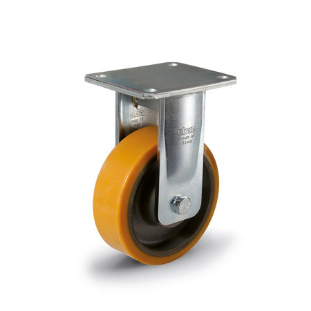 GN 22887 Heavy Duty Casters, Wheel Tread Polyurethane, Wheel Core Cast Iron, Heavy Version Bearing type: K - Ball bearing
Type (bracket): B - Rigid bracket
Coding: H - Heavy Version
Material (bracket): ST - Welded steel design