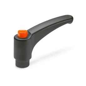 GN 603.1 Verstellbare Klemmhebel mit Ausrastknopf, Kunststoff, Buchse Edelstahl Farbe (Ausrastknopf): DOR - orange, RAL 2004, glänzend
