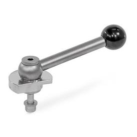 GN 918.7 Clamping Bolts, Stainless Steel, Downward Clamping, Screw from the Back Type: KVB - With ball lever, angular (serration)<br />Clamping direction: R - By clockwise rotation (drawn version)
