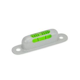 GN 2282 Screw-OnSpirit Levels, Housing Brass, for Mounting with Screws Sensitivity: 6 - Angle minutes, bubble move by 2 mm<br />Material / Finish: MSR - Silver, RAL 9006, textured finish<br />Identification no.: 2 - Viewing window top - front