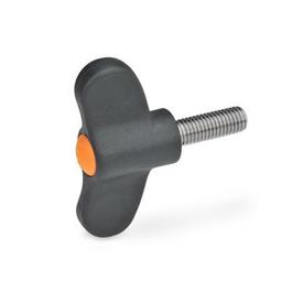GN 633.1 Wing Screws, Plastic, with Stainless Steel Threaded Stud Color of the cover cap: DOR - Orange, RAL 2004, matte finish