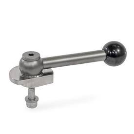 GN 918.7 Clamping Bolts, Stainless Steel, Downward Clamping, Screw from the Back Type: GVB - With ball lever, straight (serration)<br />Clamping direction: L - By anti-clockwise rotation