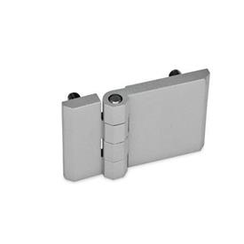 GN 237 Hinges, Zinc Die Casting, Horizontally Elongated Werkstoff: ZD - Zinc die casting<br />Type: C - 2x2 threaded studs<br />Finish: SR - Silver, RAL 9006, textured finish<br />Hinge wings: l3 ≠ l4 - elongated on one side