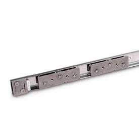 GN 1490 Linear Guide Rail Systems, Stainless Steel, with Inside Traversal Distance Type: B3 - with two cam roller carriages with 3 rollers<br />Identification no.: 1 - with one end stop<br />Material: NI - Stainless steel