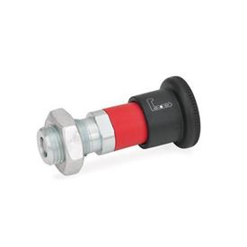 GN 816.1 Locking Plungers, Plunger Pin Retracted Type: ARK - Operation with knob, sleeve red, with lock nut