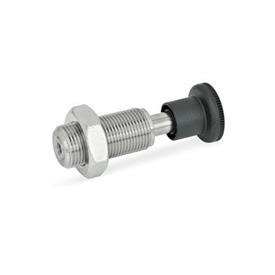 GN 313 Spring Bolts, Stainless Steel / Plastic Knob Material: NI - Stainless steel<br />Type: AK - With knob, with lock nut<br />Identification no.: 2 - Pin with internal thread