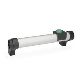 GN 332 Rohrgriffe, Aluminium, mit elektrischer Schaltfunktion Oberfläche: EL - eloxiert, naturfarben<br />Form: T1 - mit 1 Taster<br />Kennziffer: 1 - ohne Not-Aus-Schalter<br />Türanschlag: L - links