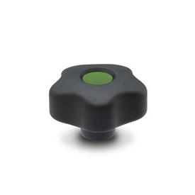 GN 5337.6 Star Knobs, Plastic, Bushing Brass, Softline, with Colored Cover Caps Color of the cover cap: DGN - Green, RAL 6017, matte finish