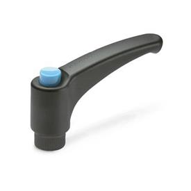GN 603.1 Verstellbare Klemmhebel mit Ausrastknopf, Kunststoff, Buchse Edelstahl Farbe (Ausrastknopf): DBL - blau, RAL 5024, glänzend