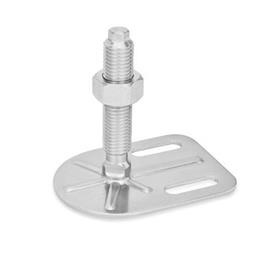GN 43 Leveling Feet, Stainless Steel, with Fixing Lug, Rectangular Shape Form: G0 - Without rubber pad, with 2 slotted holes<br />Version (Screw): VK - With nut, external hex at the top and wrench flat at the bottom
