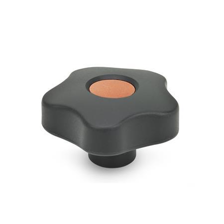 GN 5337.2 Star Knobs with Colored Cover Caps, Plastic, Bushing Brass Type: E - With cover cap (threaded blind bore)
Color of the cover cap: DOR - Orange, RAL 2004, matte finish