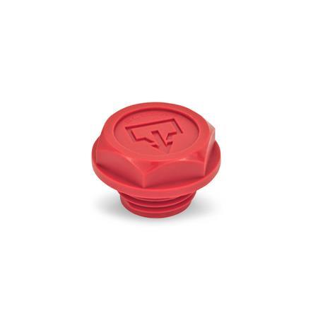 GN 740.2 Threaded Plugs with DIN-Drain Symbol, Plastic, Red, O-Ring Collared 