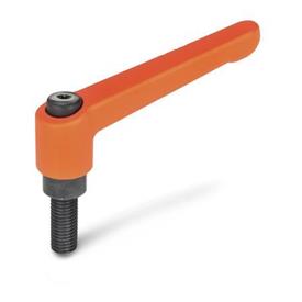 GN 300 Adjustable Hand Levers, Zinc Die Casting, with Threaded Stud Steel Blackened Color: OS - Orange, RAL 2004, textured finish