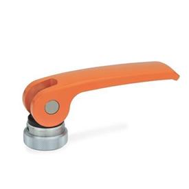 GN 927 Clamping Levers with Eccentrical Cam, with Internal Thread, Lever Zinc Die Casting, Contact Plate Plastic Type: A - Plastic contact plate with setting nut<br />Color: O - Orange, RAL 2004