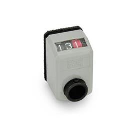 GN 955 Position Indicators, 3 Digits, Digital Indication, Mechanical Counter, Hollow Shaft Steel Installation (Front view): AN - On the chamfer, above<br />Color: GR - Gray, RAL 7035