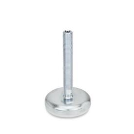 GN 30 Leveling Feet, Steel Sheet Metal, with Rubber Pad Type (Base): A2 - Steel, zinc plated, rubber inlaid, white<br />Version (Screw): U - Without nut, hex socket at the top and wrench flat at the bottom