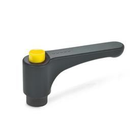 GN 600 Flat Adjustable Hand Levers with Releasing Button, Plastic, Threaded Bushing Brass Color releasing button: DGB - Yellow, RAL 1021, shiny finish